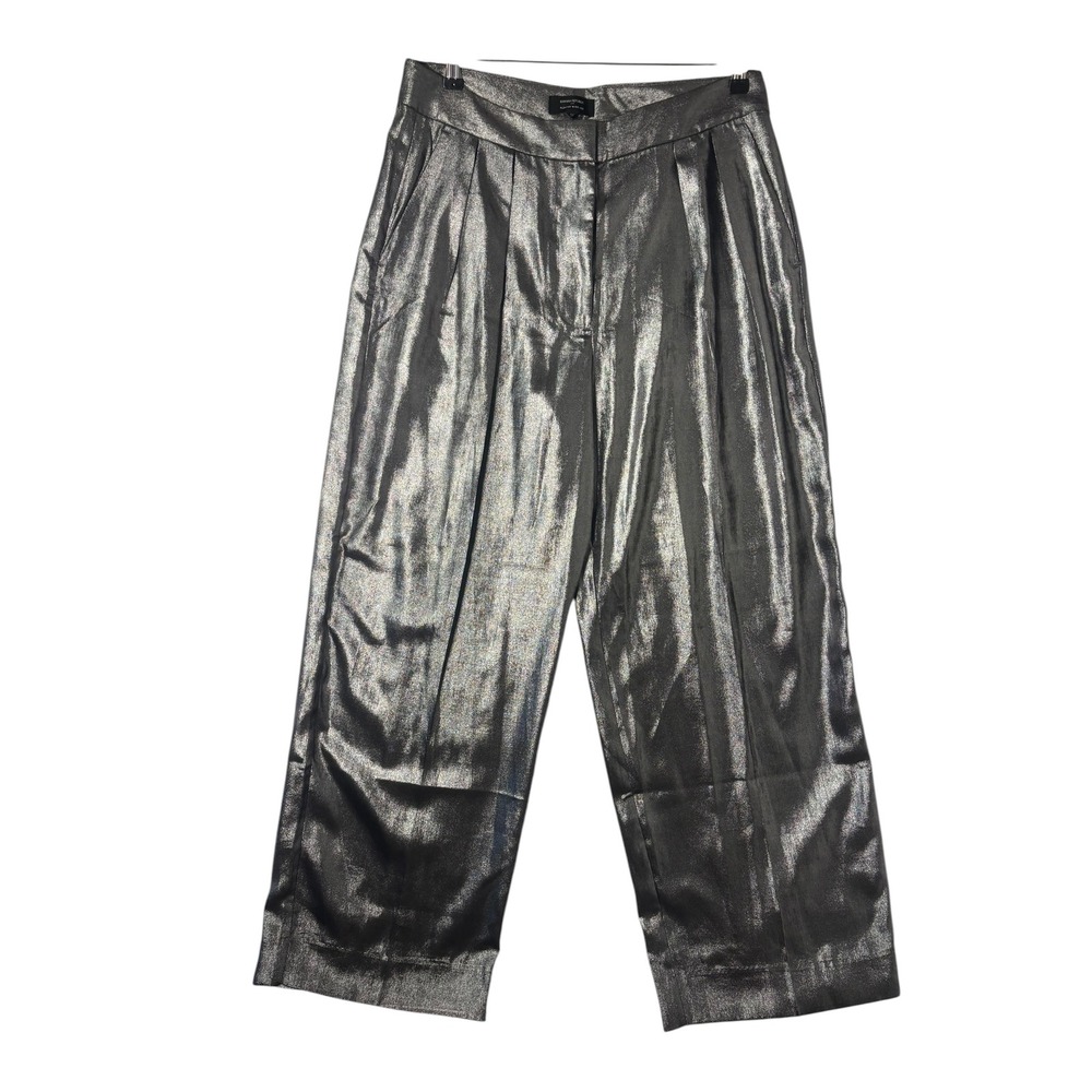 Banana Republic Metallic Silver Pleated Wide Leg Trousers Pants 12 High Rise